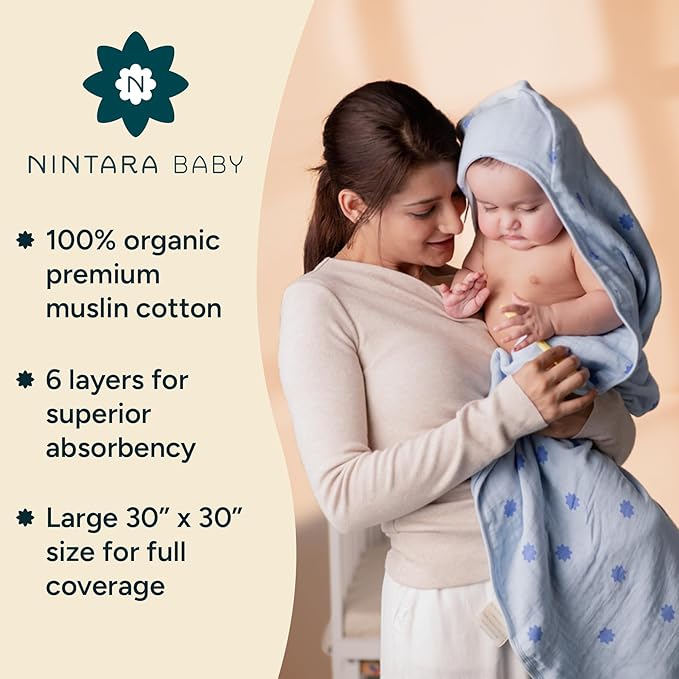 NINTARABABY Hands-Free Hooded Towel - 100% Organic Premium Muslin Cotton, 30" x 30", Ultra-Absorbent, Soft, Breathable, Hypoallergenic, Multipurpose, Gifts for Babies & Infants