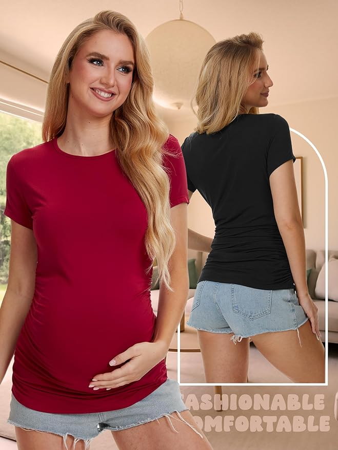 3 Pack Womens Maternity Shirts - Crew Neck Maternity Top Short Sleeve Pregnancy Tee Shirts