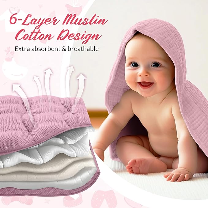 6 Pcs Muslin Hooded Bath Towels Washcloths and Bibs Set, Muslin Cotton Baby Towels Absorbent Hooded Blanket Towel Infant Bibs for Boys Girls Newborn Infant Essential(Pink,Rose)