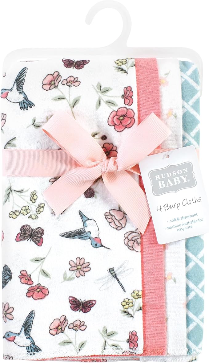 Hudson Baby Cotton Poly Flannel Burp Cloths Multipack, Hummingbird Garden 8-Pack, One Size