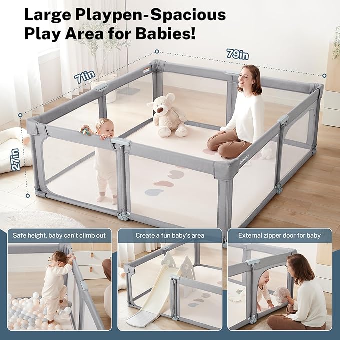 Baby Playpen Portable, Pre-Assembled Play Pen 71x79 Large Foldable Playpen for Babies and Toddlers, Sturdy and Safe Toddler Play Yard Indoor Outdoor with Carry Bag,Light Grey