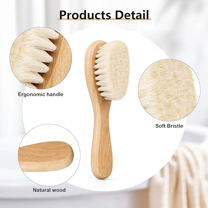 Baby Hair Brush and White Cradle Cap Brush Set for Newborns and Toddlers, Wooden Baby Hair Brush Set with Soft Goat Bristle, Baby Hair Care Kit (2PCS)