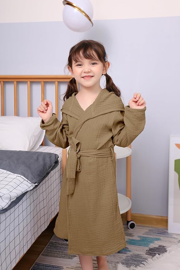 Organic Cotton Toddler Bathrobe, Soft and Breathable Baby Robe for Kid, Boy& Girl Hooded Robe Muslin
