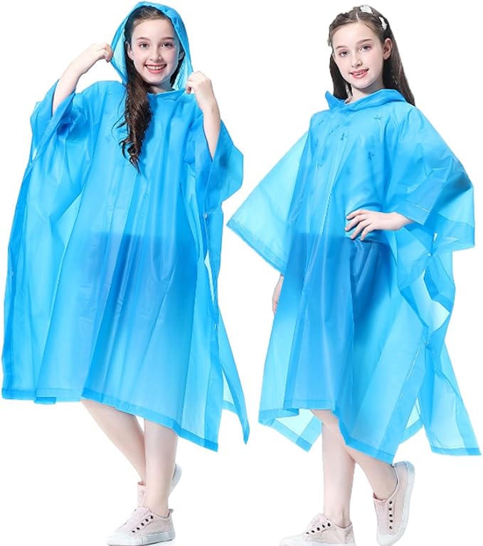 Rain Poncho for Kids (2 Pack), Reusable EVA Children Raincoat Ponchos Rain Jacket with Hood for 6-14 Girls Boys