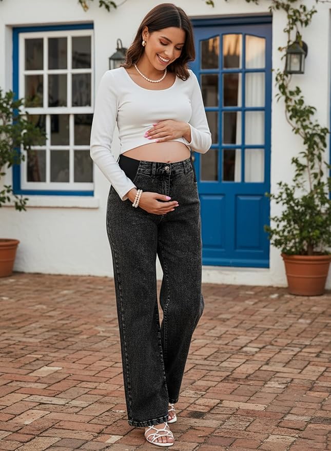 BLENCOT Maternity Jeans for Women High Waist Straight Leg Pregnancy Denim Pants with Pockets