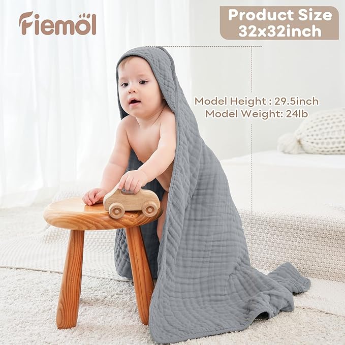 Baby Bath Towels, 100% Muslin Cotton Hooded Baby Towels for Newborn, 2 Pack Baby Towels with Hood for Infant Toddler and Kids, Large 32x32Inch, Soft and Absorbent