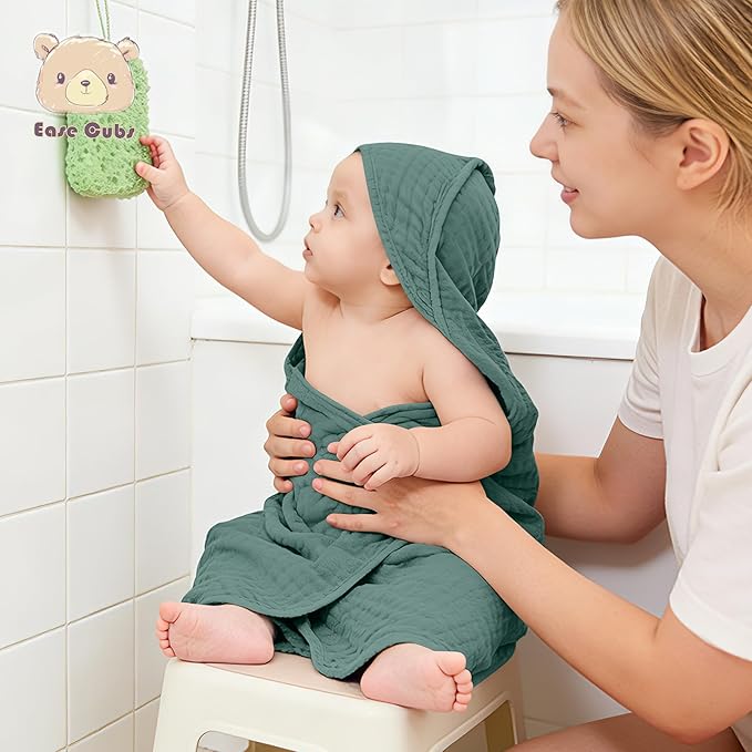 3-Pack Muslin Hooded Baby Towels, 100% Cotton, Ultra-Soft & Absorbent Baby Bath Towels with Hood for Babies, Infant, Toddler and Newbron (Emerald Series,32" x 32")