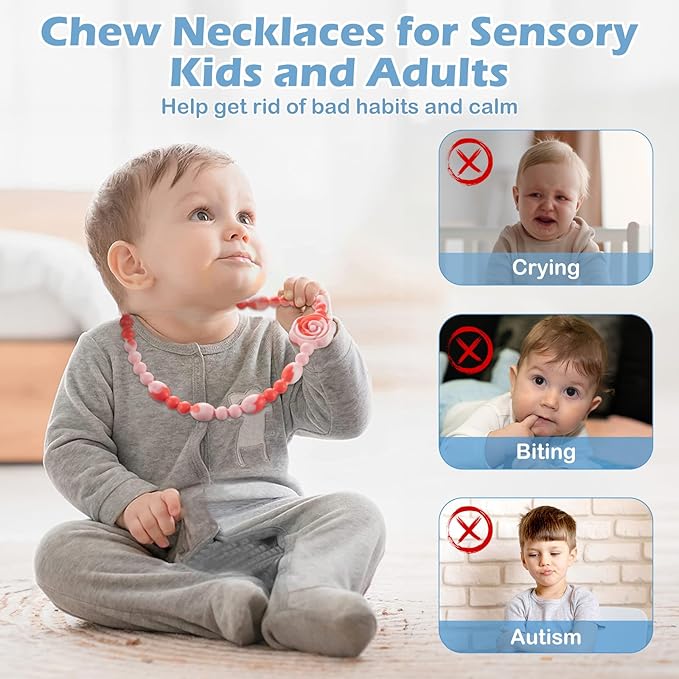 Teething Necklace for Baby, One-Piece Safety Design for Toddler, Chew Necklaces for Sensory Kids Adults with Autism, ADHD, Fidget, Biting, Anxiety - Flower Chew Jewelry Toys for Teething Relief