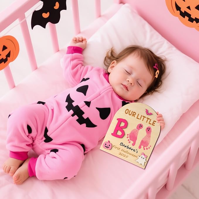 R HORSE DIY Halloween Footprint or Handprint Art Sign with Ink Pad, 3D Pink Pumpkin Newborn Milestone, Baby’s 1st Halloween Footprint Keepsake Craft Gift Our Little Boo Baby Shower Nursery Decor
