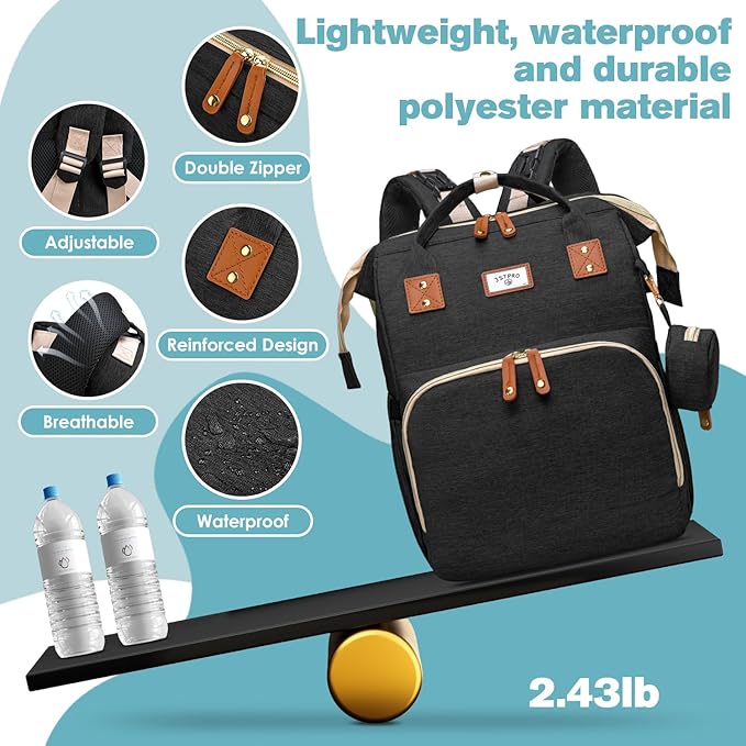Diaper Bag Backpack, Large Waterproof Lightweight Diaper Bag with Changing Station, Insulated Pockets, USB Port, Travel Bag for Mom and Dad (Black)