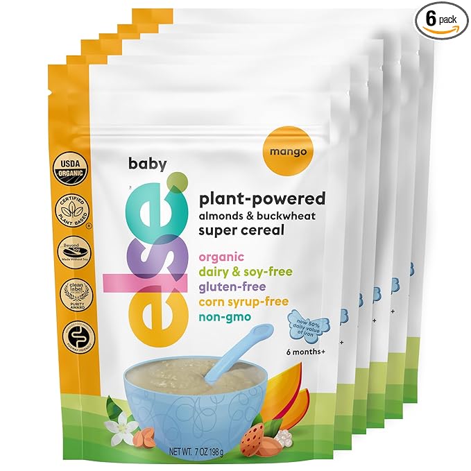 Else Nutrition Super Cereal For Babies 6 mo+, Made With Real Whole Plants for a Nutritionally Balanced meal, with gluten free carbs and plant protein (Mango, 6 Pack)