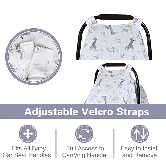 Baby Car Seat Covers for Boys Girls, Metplus Muslin Infant Carseat Canopy, Lightweight Breathable Newborn Carrier Canopies Stroller Cover, Universal Fit Large Size 47.2 x 35.4 inch, Elephant Giraffe
