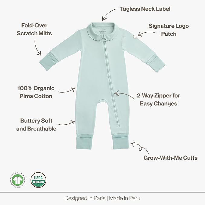 MON CHOU 100% Organic Pima Cotton Baby Pajamas | 2-Way Zipper, Convertible Footie & Mittens | Unisex - Sizes 0–18 Months