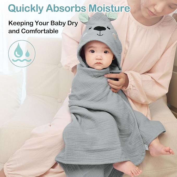 Unicorn Castle Hooded Baby Towels 2Pack 100% Muslin Baby Bath Towels for Newborn Animal Design Ultra-Soft Baby Girl Boy Bath Essentials 30 X 30 Inch,Gray Bear - Beige
