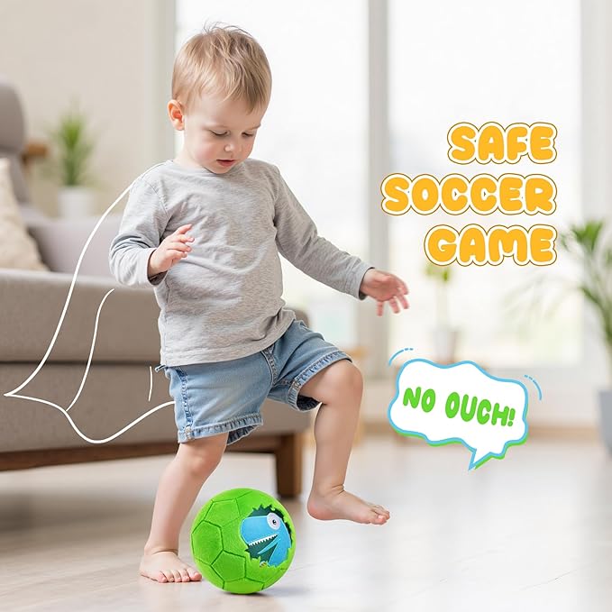 ZOOJOY Soft Balls for Toddlers 1-3, Silent Indoor Soccer Ball Size 3, Plush Inflatable House Ball for Kids 3-5, Kickball Toys First Birthday Gifts for Baby Boys Girls, Green Dinosaur, Pump Include