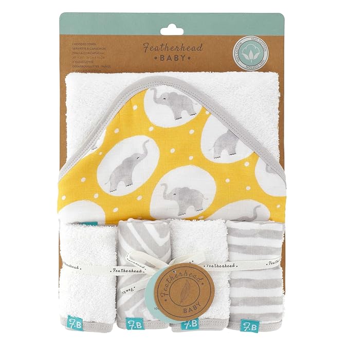 Featherhead™ 5-Piece 100% Cotton Muslin Hooded Bath Towel & Washcloths Unisex Set for Baby Boy & Girl - Ultra Soft and Extra Absorbent - Newborn Essential & Perfect Baby Registry Gift (Grey Elephant)