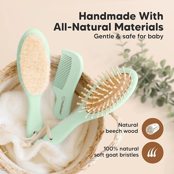 Baby Hair Brush Set for Newborns - Soft Goat Bristle Wooden Baby Brush and Comb Set Newborn Grooming Kit for Cradle Cap, Durable & Gentle, Boy, Girl Infant Essentials Care Kit (Oval, Sage)