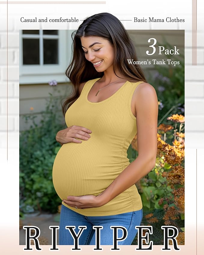 Riyiper 3 Pack Women's Maternity Tank Tops, Sleeveless Cotton Pregnancy Shirts Ribbed Knit Sides Ruched Basic Mama Clothes