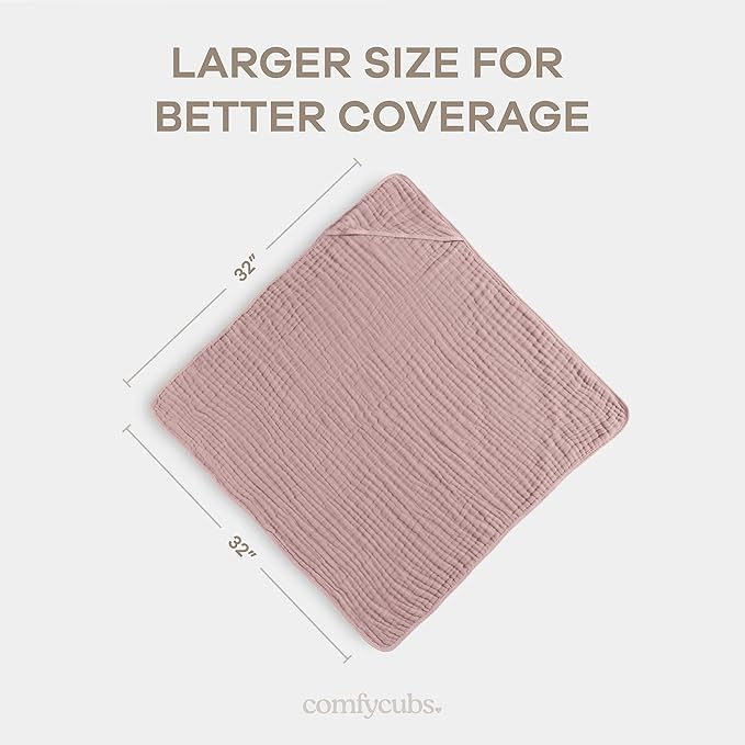 Comfy Cubs Hooded Baby Towel 1-Pack, Large 32 x 32 Inch - 6 Layer 100% Muslin Cotton for Babies, Toddlers and Kids - Soft & Absorbent Baby Bath Towels - Unisex Design for Bath Time - Mauve