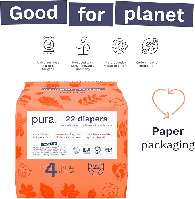 Pura Size 4 Eco-Friendly Diapers (18-31lbs) TCF Hypoallergenic, Soft Organic Cotton, Sustainable, up to 12 Hours Leak Protection, Allergy UK, Recyclable Packaging, 3 Packs of 22 (66 Diapers)