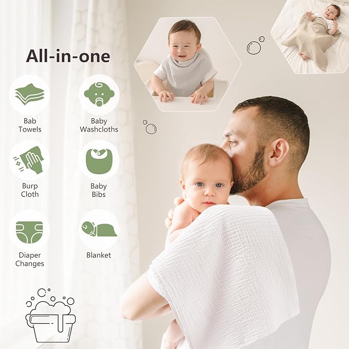 Susurration Muslin Burp Cloths 24x24 Inches Ultra Soft 100% Cotton, 4 or 7 Pack Baby Washcloths for Newborn, Absorbent Burp Rags & Swaddle Blankets