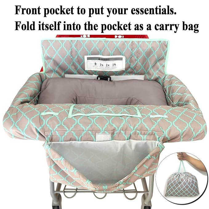 Love&go Soft Pillow Attached 2-in-1 Shopping Cart and High Chair Cover for Baby, Cotton Padded Cart Cover, Fold'n Roll Style, Portable with Carry Bag (Gray Grid)