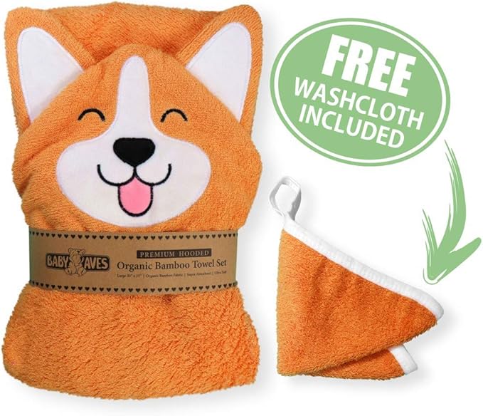Generic Corgi Dog Baby Bath Hooded Towel - Cozy & Warm - Ultra Soft and Absorbent - Baby Bath - Toddler - Newborn - Pets - Free Washcloth - 35" x 35" (Orange)