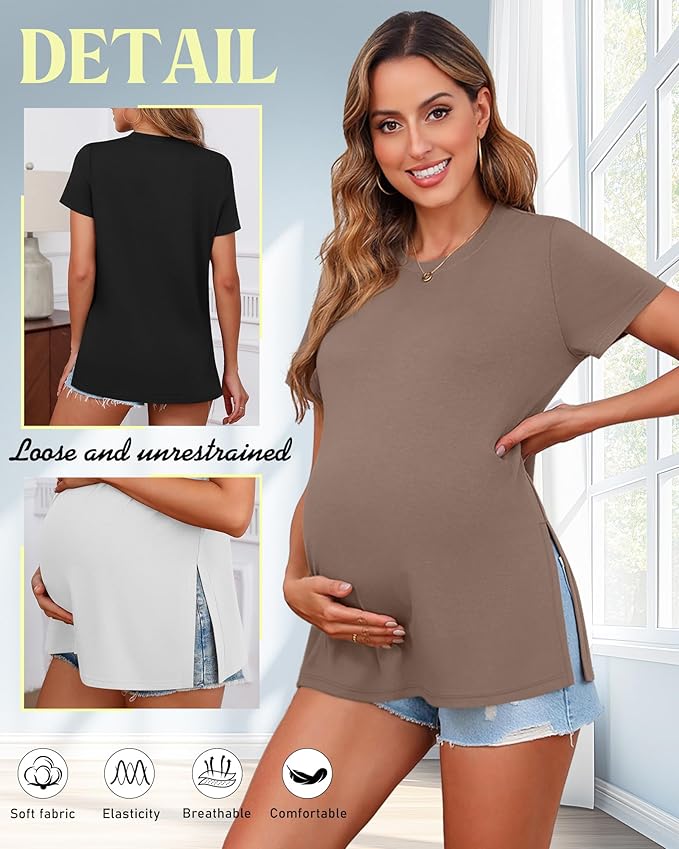 Ficerd 3 Pack Women's Maternity T Shirts, Short Sleeve Side Split Pregnancy Tops Casual Crew Neck Pregnant Tees Mama Clothes