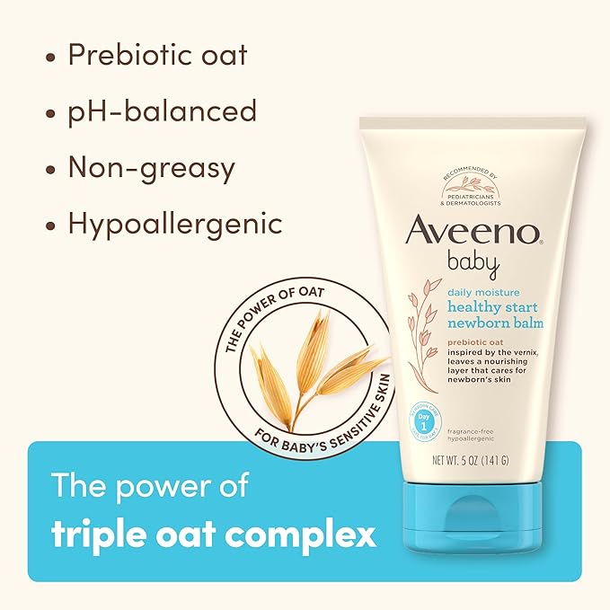 Aveeno Baby Healthy Start Nourishing Newborn Balm, Hypoallergenic Baby Skin Balm with Prebiotic Oat Leaves a Nourishing Layer to Care for Newborn Skin, Fragrance-Free, 5 oz