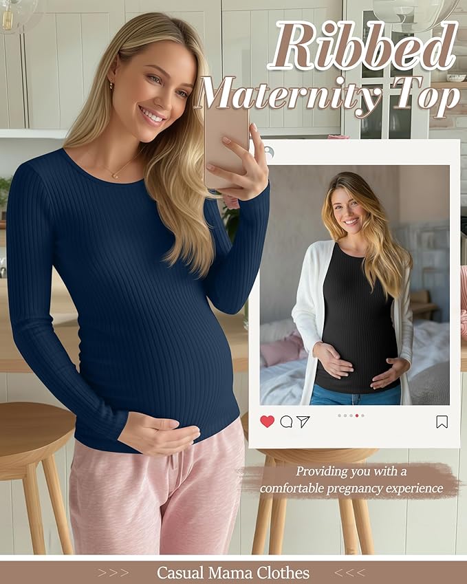 Huukeay 4 Pack Women's Maternity Shirts, Long Sleeve Cotton Ribbed Pregnancy Tops Side Ruched Crew Neck Casual Mama Clothes