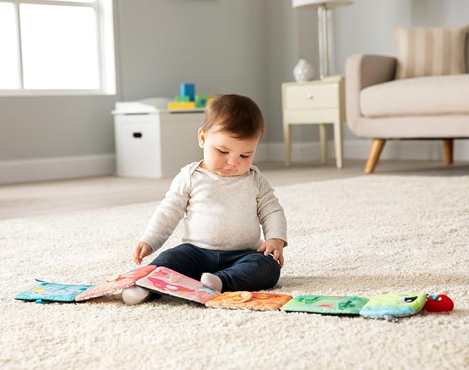 Lamaze Colorful Journey Caterpillar High Contrast Baby Book - Soft Fabric Baby Sensory Books - Includes Chewy Apple for Teething Babies - Baby Sensory Toys Ages 6 Months and Up
