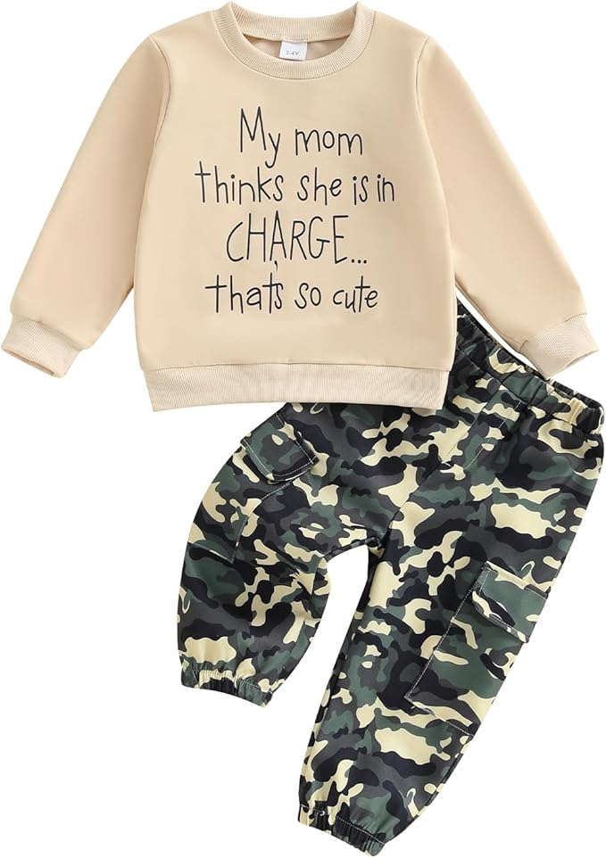 wdehow Toddler Kids Baby Boy Fall Outfits 1T 2T 3T 4T 5T Letter Print Long Sleeve Tops Camouflage Pants Winter Clothes Sets