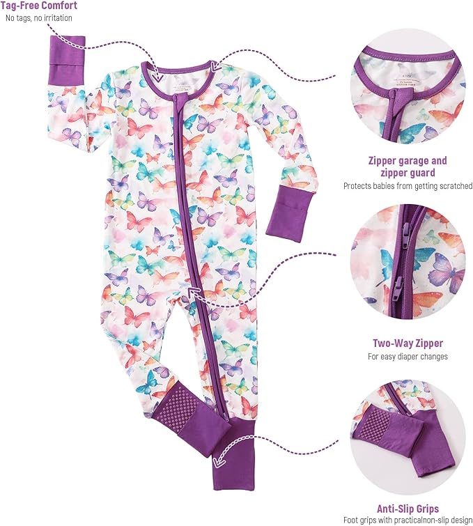 OPAWO Viscose from Bamboo Baby Pajamas Girl 2pack Mittens Cuff 2 Way Zipper Soft Footless Sleeper Baby Boy One-Piece Romper
