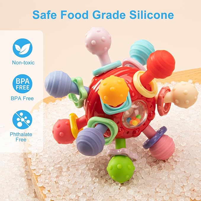 Baby Teething Toys, Baby Teethers Montessori Sensory Toys for 0-6 6-12 Months, Gifts for 1 Year Old Boys Girls Infant Newborn 0 3 6 9 12 18 Months Toys,Red
