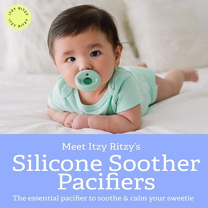 Itzy Ritzy Silicone Pacifiers for Newborn – Itzy Soother Pacifiers Feature Collapsible Handle & Two Air Holes for Added Safety – for Ages 0-6 Months, Set of 2 in Mint & White