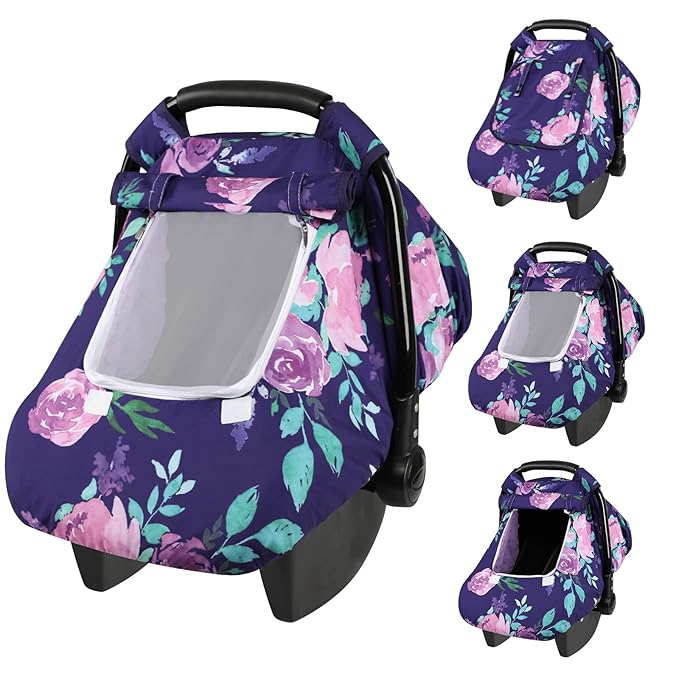 Windproof Baby Car Seat Cover, 3D Mink Dot Infant Car Seat Canopy with Breathable Mesh Window, Baby Carrier Cover for All Seasons, Easy Access Carseat Carrier Snug Fit Infant Stroller(Purple Flower)