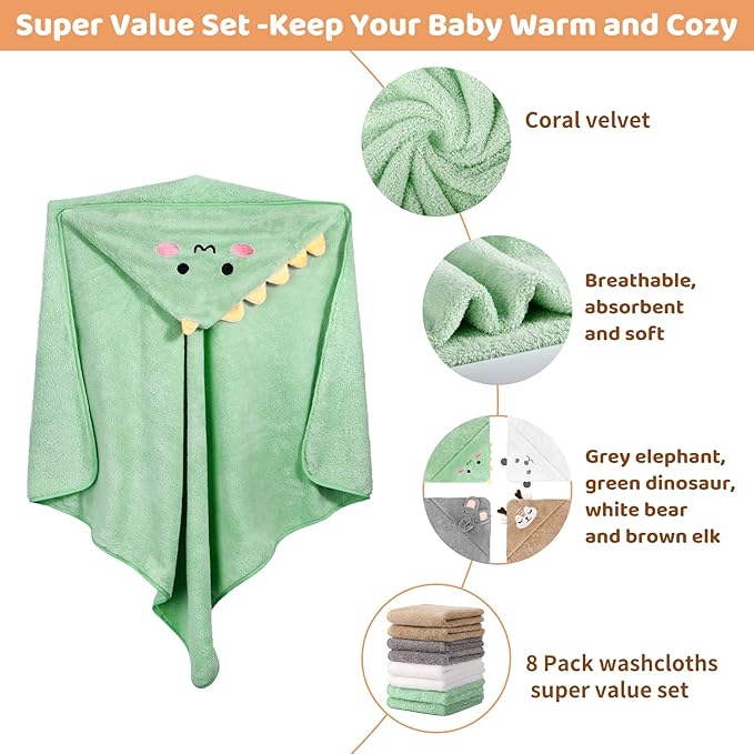 CandyHome 12 PCS Baby Bath Towels Set for Infants Toddlers, 4 PCS Animal Hooded Baby Towels & 8 PCS Washcloths Set, Ultra Absorbent Cute Soft Newborn Bath Essentials Gifts for Boys & Girls