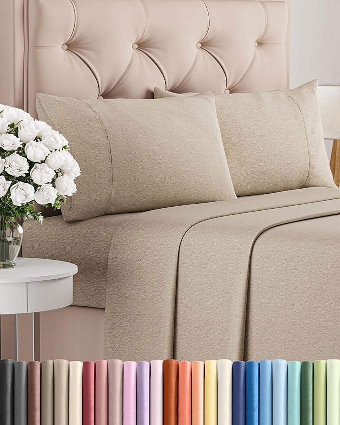 Full Size 4 Piece Sheet Set - Comfy Breathable & Cooling Bed Sheets Set - Hotel Luxury Bedding for Women, Men, Kids, Teens, Boys & Girls - Deep Pockets, Soft & Wrinkle Free - Beige (Heathered Sheets)