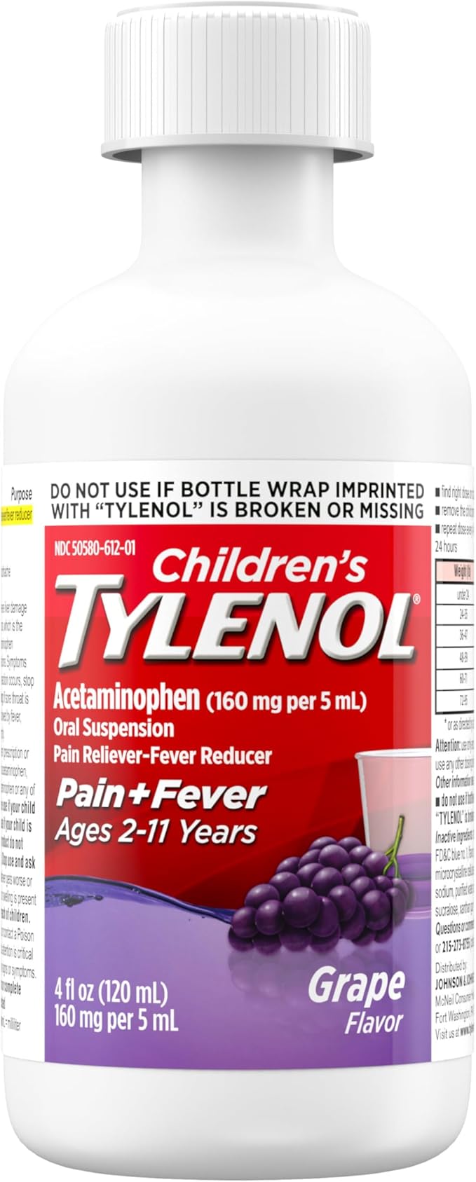 Children's Tylenol Liquid Oral Suspension Medicine, Acetaminophen Pain Reliever & Fever Reducer for Cold + Flu Symptoms & Sore Throat, Aspirin-, Ibuprofen- & Alcohol- Free, Grape, 4 fl. oz
