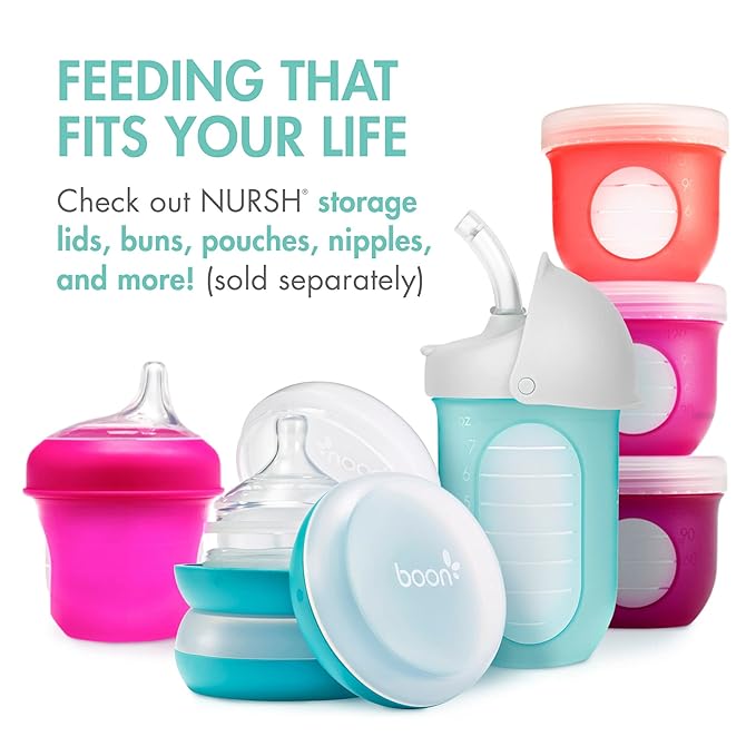 Boon Nursh Reusable Silicone Pouch Baby Bottles - Medium Flow Nipple - Silicone Baby Bottle Pouch and Nipple - Baby Feeding Essentials - Mint - 3-6 Months - 3 Count - 8 Ounce