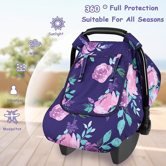 Windproof Baby Car Seat Cover, 3D Mink Dot Infant Car Seat Canopy with Breathable Mesh Window, Baby Carrier Cover for All Seasons, Easy Access Carseat Carrier Snug Fit Infant Stroller(Purple Flower)
