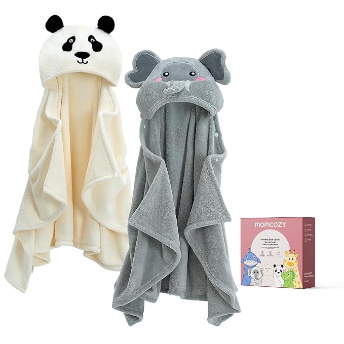 Momcozy Baby Bath Towels with Visualize Health Label - Ultra Soft & Absorbent Coral Fleece Hooded Towels for Newborn, Infant, Toddler (0-36 Months) Bath Essentials (Large Size,2 Pack)