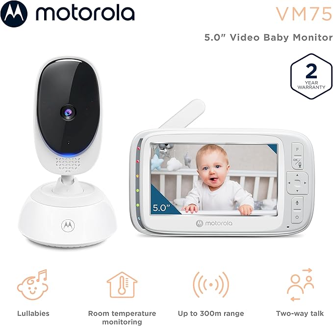 Motorola Nursery VM75 Video Baby Monitor Camera, 480x272p, 1000ft Range 2.4 GHz Wireless 5" Screen, 2-Way Audio, Temperature Sensor, Night Vision (Renewed)