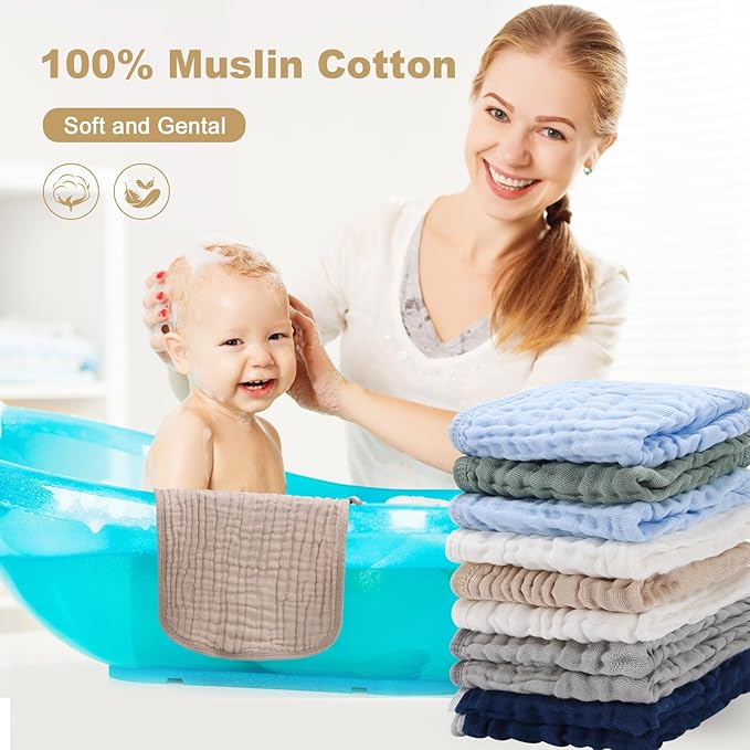 Synrroe 10 Pack Muslin Cotton Baby Washcloths – 12×12 Inches Soft & Absorbent Newborn Face Body Towels – Multicolor Baby Wash Cloths, Registry Essentials