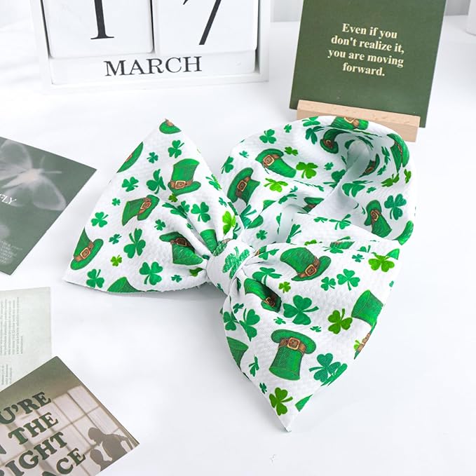 YanJie 7'' St.Patrick's Day Baby Girl Bows Clover Headband Shamrock Bow St. Patrick Top Hat Hair Bows Newborn Wide Hairbands Hair Accessories