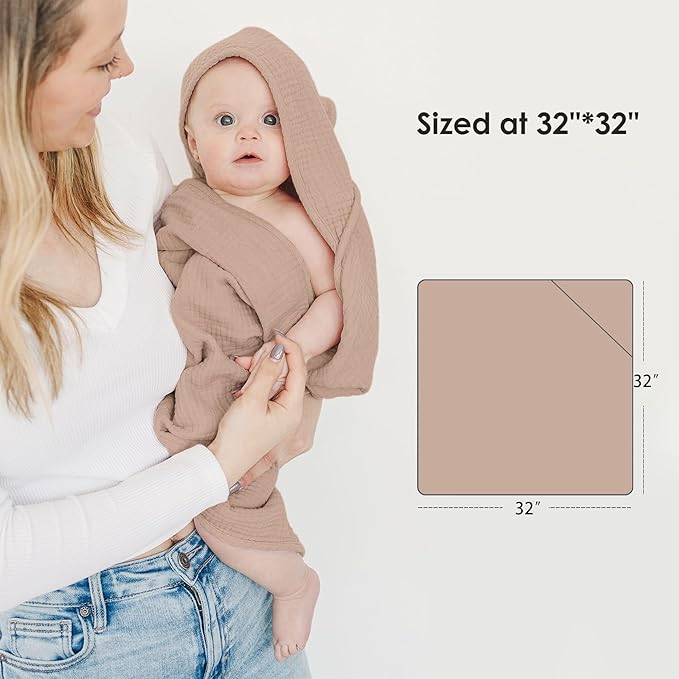 Muslin Baby Towels with Hood for Newborn 100% Cotton Baby Bath Towels Soft & Absorbent Hooded Baby Towel for Boys and Girls, Large Size - 32 * 32 Inches