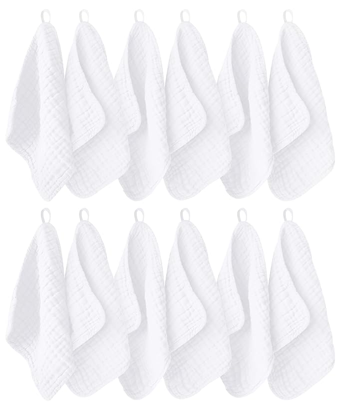 12 Pack Muslin Washcloths for Baby - 100% Cotton Baby Wash Cloths for or Baby Face Body Comfy and Soft for Newborn Infants Kids Girls and Boys - 12"x12" - White