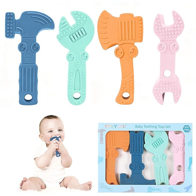 TYRY.HU Baby Teething Toys for Babies, Baby Teether Toys, BPA Free Silicone Baby Molar Teether Chew Toys, Hammer Wrench Spanner Pliers for Boys Girls, Soft-Textured, Easy to Hold & Clean, 4 Packs