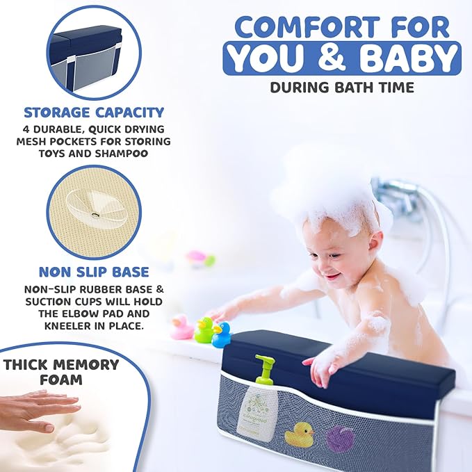 Sleepah Bath Kneeler and Elbow Kneeling Rest Pad Set for Baby Bathing – Waterproof Soft Memory Foam Mat Organizer Babies & Toddler Bathing Time Toys Sponge (Blue)