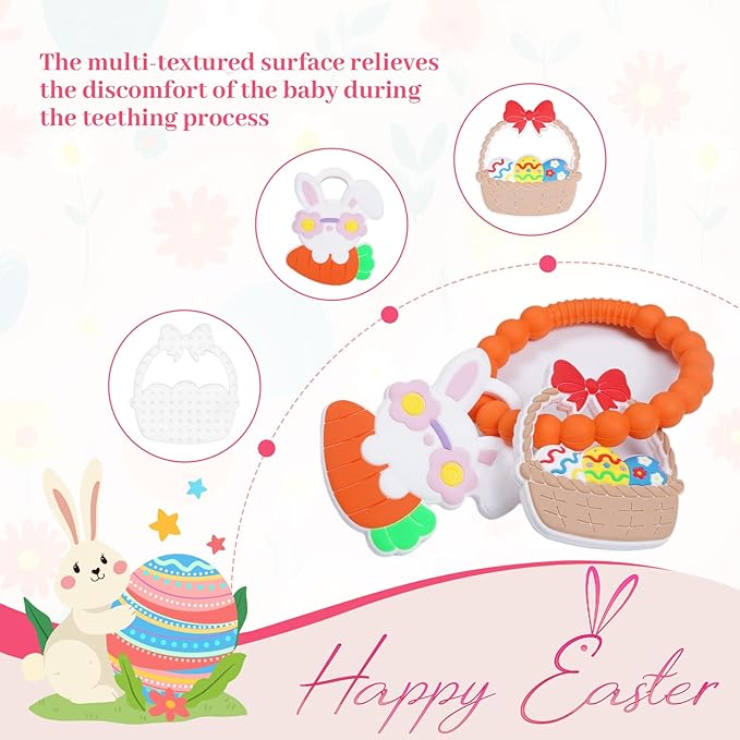 Silicone Baby Ring Toy with Two Teethers,Must Haves Teething Relief Chew Toys for 0-6,6-12 Months Boys and Girls,Newborns Essentials,Safe and Soft,BPA Free. (Easter)